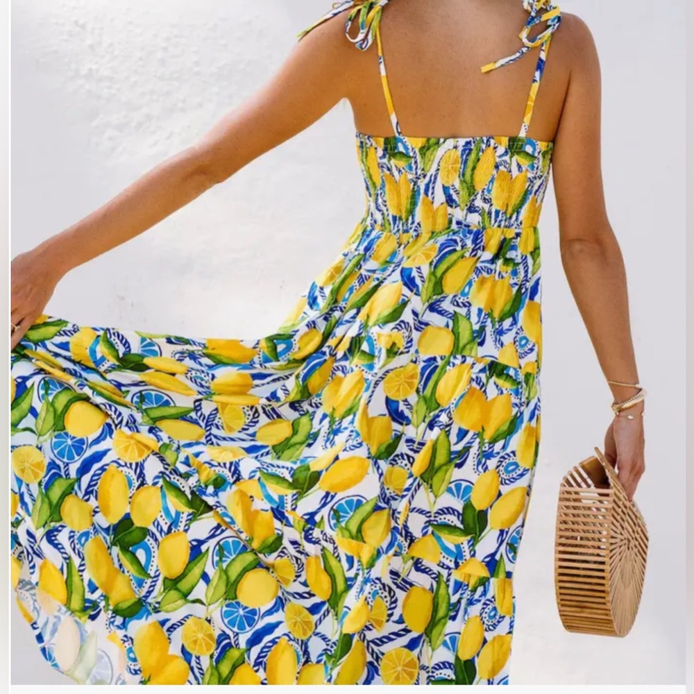 Kenny Flowers The Positano Tiered Maxi Dress Resort  Smocked Back Lemon Sz Small - Picture 7 of 13